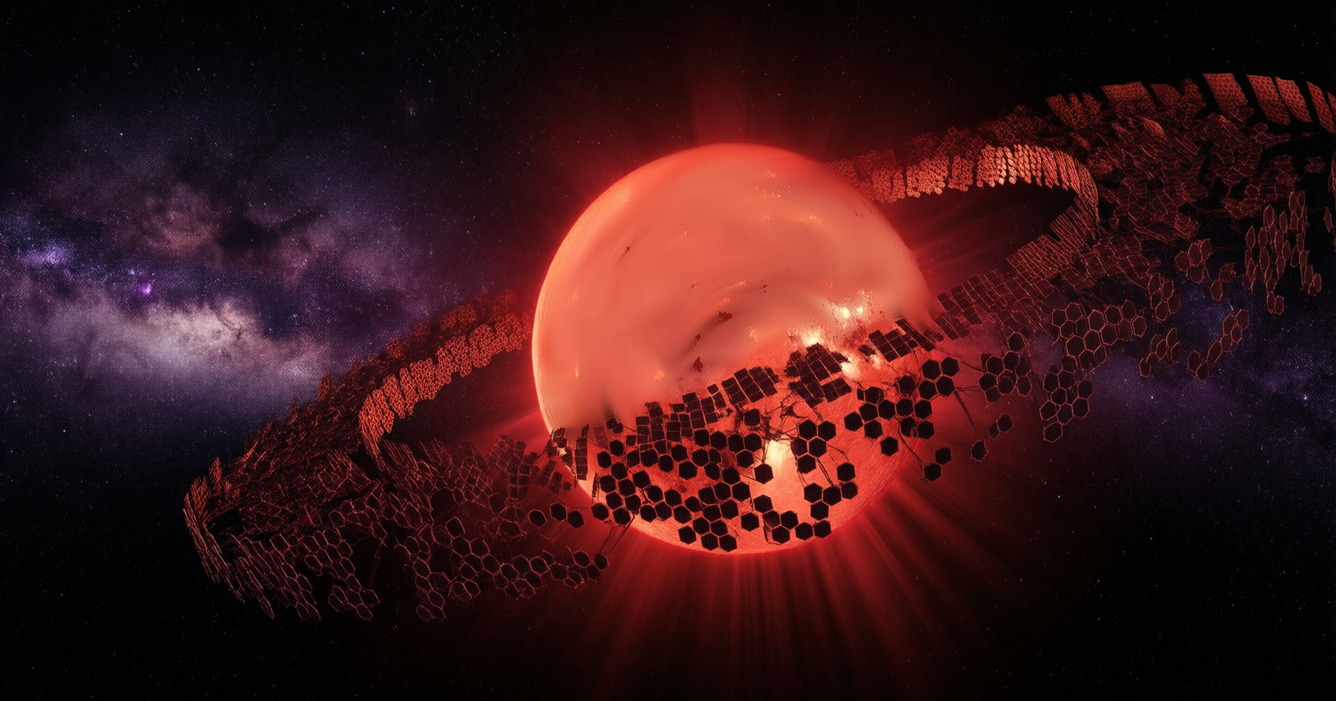 A red dwarf star ringed by a partial megastructure