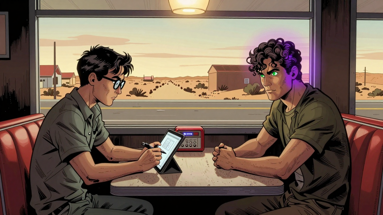 A roadside burger joint at night: two men face each other across a worn booth, one with a tablet and pen, the other with curly hair and calculating green eyes, a faint violet shimmer at his temple.