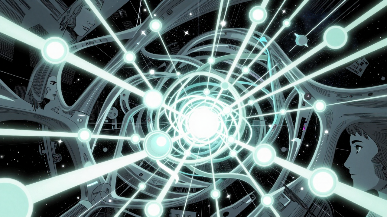 An abstract cosmic lattice: a single luminous node sends glowing violet and cyan threads branching backward through forking translucent timelines, ghostly faces and cities drifting along the branches.