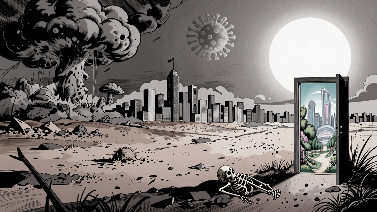 An apocalyptic panorama blending three disasters across one ruined horizon: mushroom clouds on the left, an intact but empty city in the center, and a bone-dry desert wasteland under a searing white sun on the right.